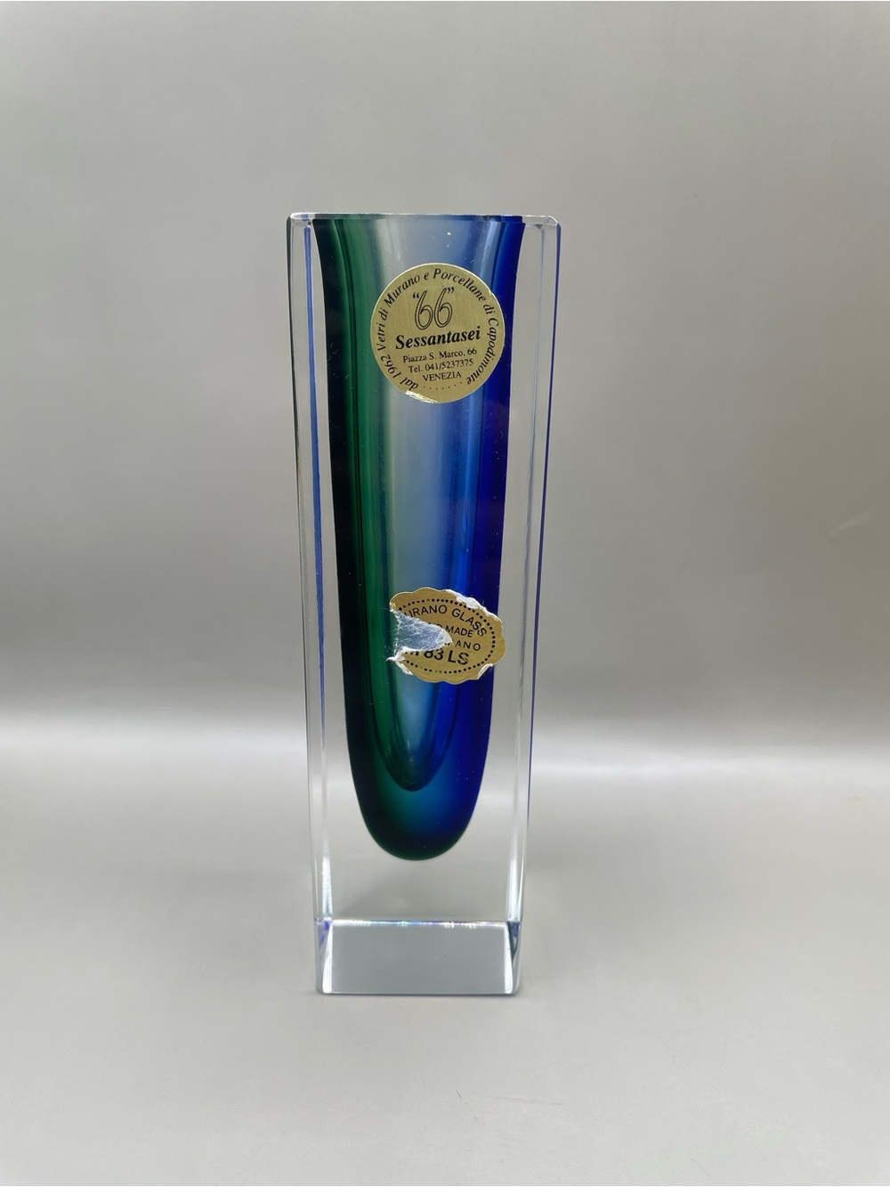 Murano Art Glass Sessantasei “66” Vase Cobalt Blue & Green Block 6” Tall Italy